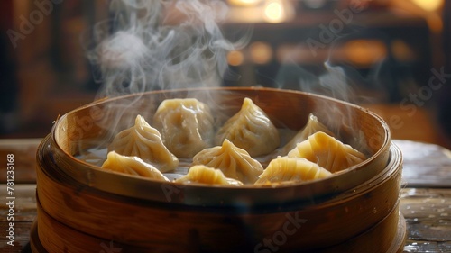 Succulent Chinese dumplings steam gently in a wooden bowl  their savory aroma wafting through the air.   