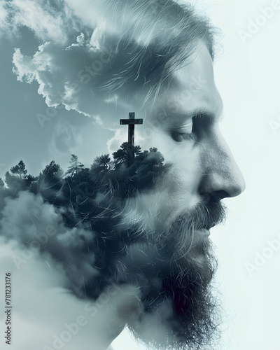 Double exposure image of Jesus Christ, Christian cross and clouds