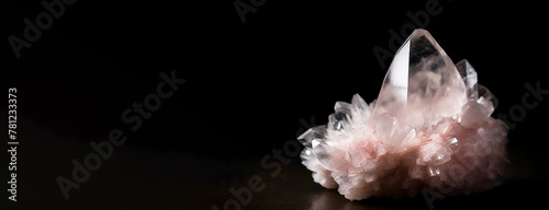 Rose is a rare precious natural stone on a black background. AI generated. Header banner mockup with space.