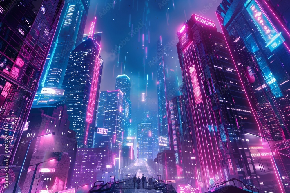 Bustling cityscape with neon lights with towering skyscrapers