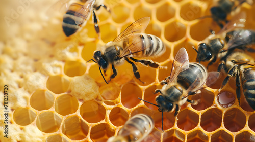 Close up view of working bees on honeycells. photo