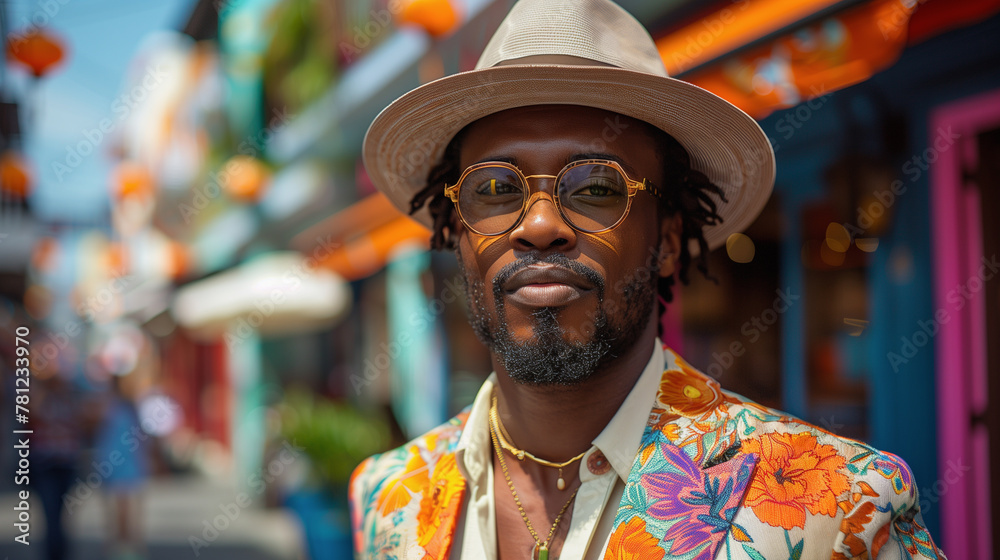 summer chic urban scene with male fashionable male model with hat and sunglasses