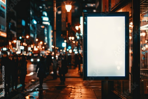 Blank white vertical digital billboard poster on city street night, blurred urban background, mockup photo
