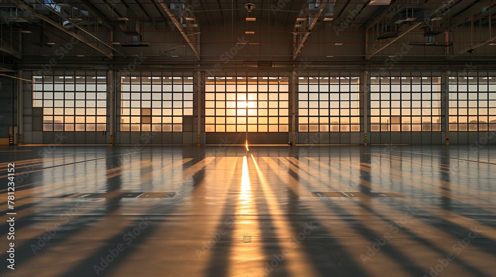 Empty Hangar Interior with Sunset Through Large Windows, Industrial Space
