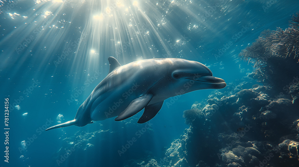 Ocean Harmony: Beneath the azure waves, a scene of tranquility unfolds as a swimmer glides effortlessly alongside a majestic dolphin. Sunlight dances through the water, casting eth
