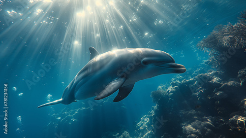 Ocean Harmony: Beneath the azure waves, a scene of tranquility unfolds as a swimmer glides effortlessly alongside a majestic dolphin. Sunlight dances through the water, casting eth © Наталья Евтехова