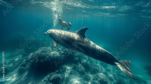 Ocean Harmony: Beneath the azure waves, a scene of tranquility unfolds as a swimmer glides effortlessly alongside a majestic dolphin. Sunlight dances through the water, casting eth © Наталья Евтехова