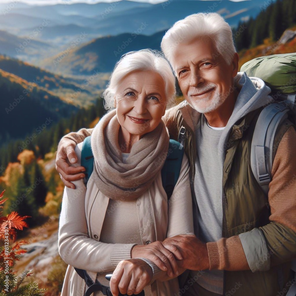 Portrait active elderly couple hiking together in autumn mountains Portrait active elderly couple hiking together in autumn mountains
