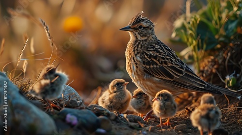 Adult Crested Lark Bird with Chicks in Natural Habitat During Golden Hour photo
