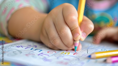 Close-up of a child's hand tracing letters in a workbook. 