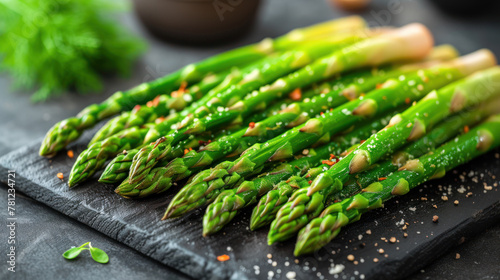 Juicy green young asparagus sprouts seasoned with black pepper and salt. Organic healthy food