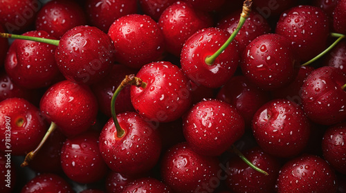 Juicy ripe cherries in drops of water, solid background. Berry colorful template. Healthy organic food