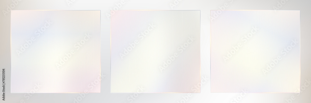 Ribbed glass vector glossy frame. Transparent overlay effect for wavy clear plastic texture. Square frames of abstract corrugated striped frosted plexiglass. Acrylic reeded fluted panel close-up