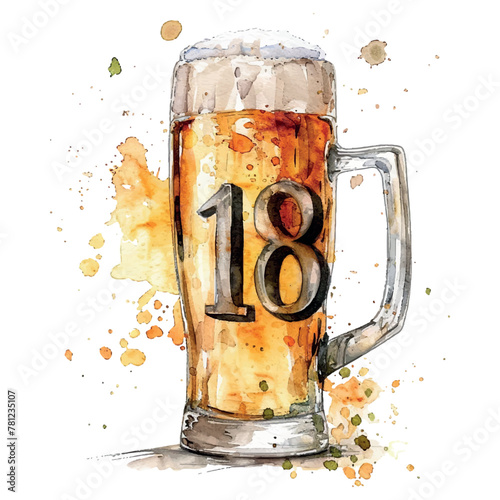 Watercolor beer glass clipart for male birthday 18th party, vector illustration on white
