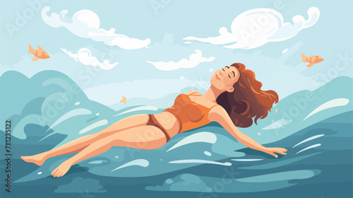 Illustration of a girl swimming at the sea 2d flat