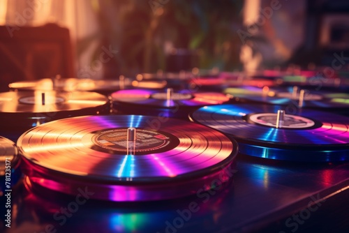 Vintage vinyl records with enhanced scratches and light leaks, embodying retro music appreciation