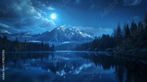 3D rendering of Fantastic mountain lake in National Park. Dramatic scenery. Strbske pleso, Beauty world, in full mooon night, yellow light photo