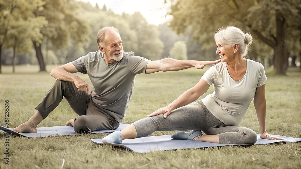 Active Seniors Stretching Together in Outdoor Yoga Session