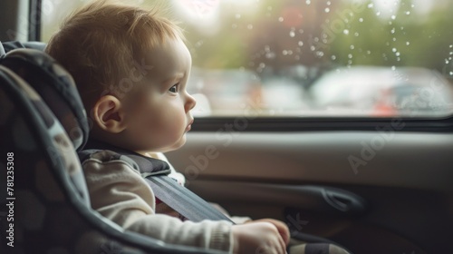 A baby sitting in a car seat and looking out the window. 