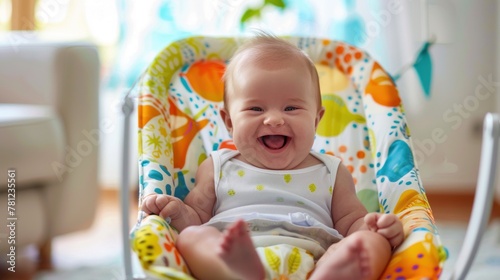 A baby sitting in a bouncer chair and bouncing happily. 