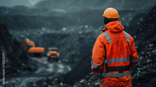 A safety manager in a high-visibility jacket conducting a field inspection at a mining site photo