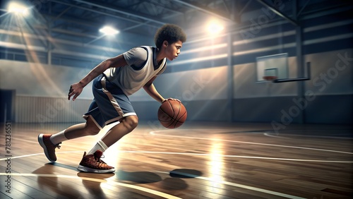 Skilled Basketball Player Dribbling on Court in Action