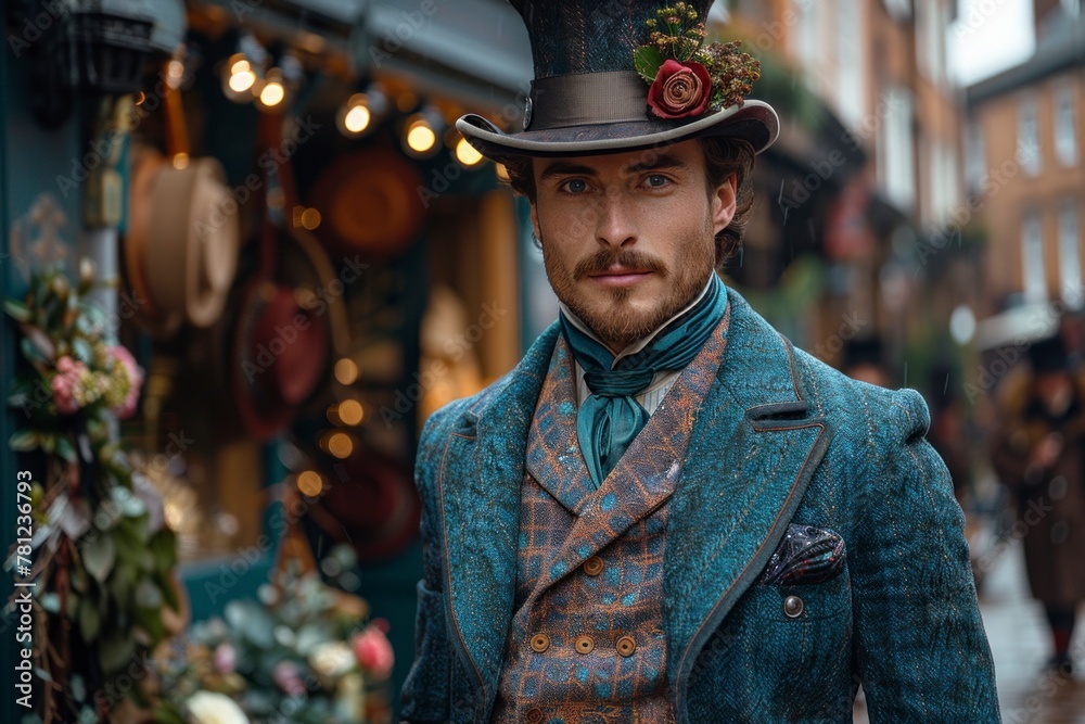 A young gentleman dressed in an ornate Victorian costume, featuring a hat adorned with flowers, poses in a historical setting.