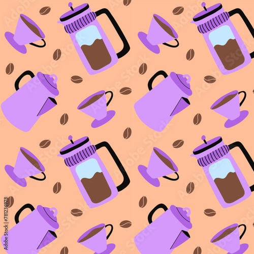 Seamless pattern with french press, pot, coffee beans and cup of coffee. Repeat textures for cafe menu, wrapping paper store,kitchen textile.
