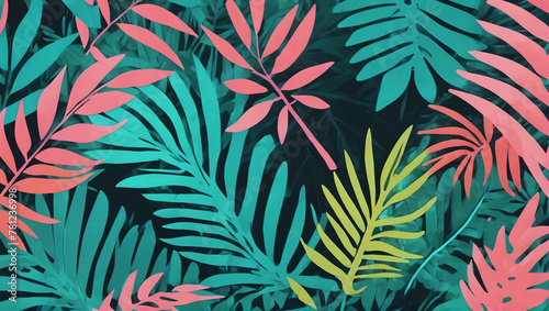 An abstract wallpaper with stylized tropical leaves and foliage in vibrant colors like jungle green  turquoise  and coral pink ULTRA HD 8K