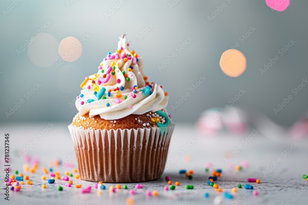Delicious birthday cupcake on table on bokeh light background