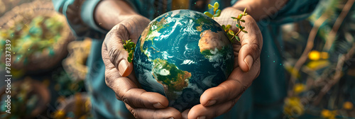 A powerful symbol of global unity and environmental care, hands of diverse people cradle a green and blue earth with plant life