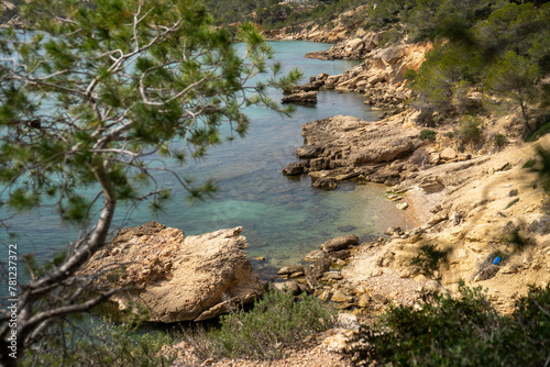 Hiking path with a view on a Mediterranean Sea and rocks on Costa Dorada coastline, Tarragona region
