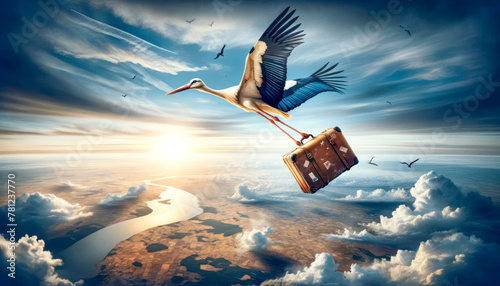 migratory stork on the fly photo