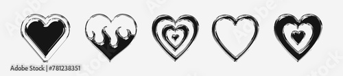 Set Of Metal Chrome Heart Icons. Collection Of Cool Y2k Love Signs.