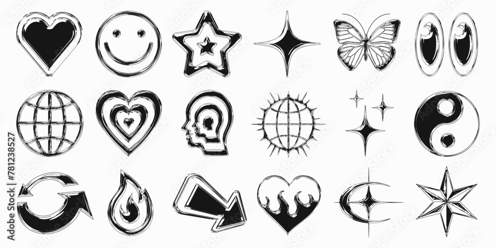 Cool Trendy Y2k Icon Signs Vector Design. Chrome Cyber Punk Symbols.