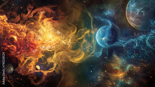 Artistic depiction of astrological elements - fire, earth, air and water - intertwined with celestial bodies and cosmic energies.