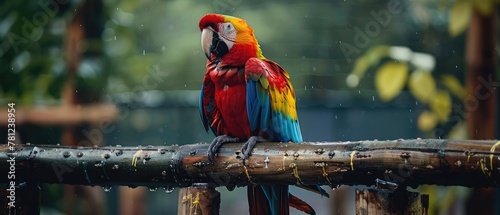 Colorful parrot standing on wooden fence on cloudy day © Muhammad