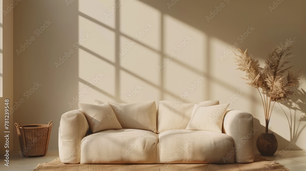 A white couch with pillows sits in front of a window with a vase of flowers on a table. The room is bright and airy, with a sense of calm and relaxation A white couch with pillows sits in front of a window with a vase of flowers on a table. The room is bright and airy, with a sense of calm and relaxation