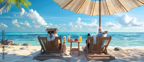 Cute dog and cat resting and relaxing on the beach chair under umbrella with juice at the beach ocean shore, on summer vacation holidays. 3d rendering photo