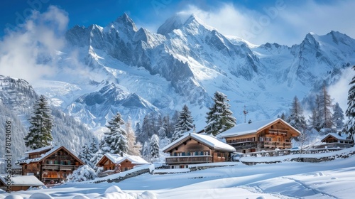 A traditional Swiss chalet nestled in the snow-capped Alps. © kimly
