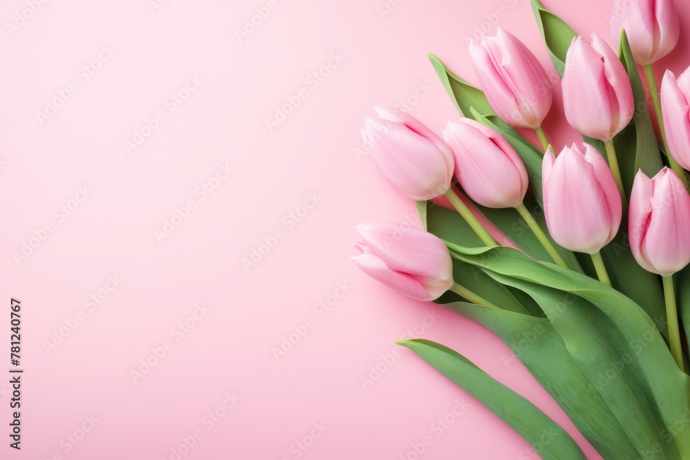 Pink tulip on copy space pink background.
