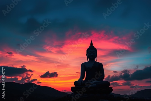 Cosmic Connection: Buddha Statue in Sunset Glow © Andrii 