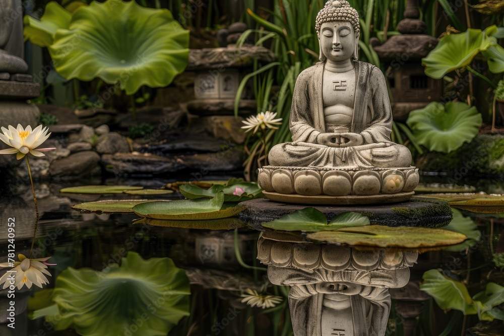 Lotus Serenity: Buddha Statue by Tranquil Waters