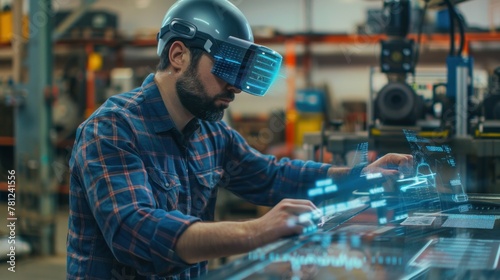 A man using augmented reality technology to project digital charts onto physical objects in a workshop or factory setting. 