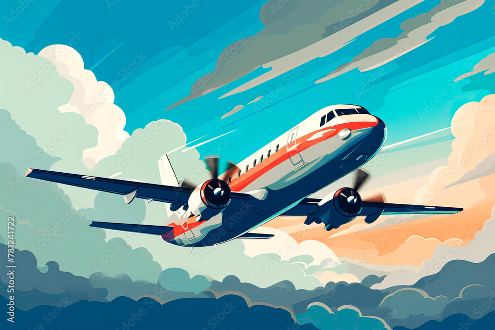 Illustration of a white and red passenger plane flying in the sky among the clouds. Travel and vacation concept.