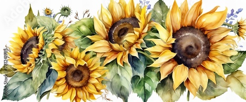 A painting of four sunflowers with green leaves. The painting is vibrant and full of life, with the sunflowers being the main focus. The colors are bright and cheerful, and the composition is balanced