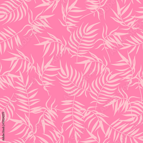 Abstract tropical palm leaf seamless pattern. Trendy summer texture, palm leaves print on pink background. Vector pattern for fabric, wrapping paper, decor element, wallpapers, natural product cover.