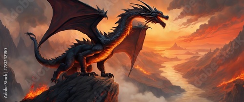 A large black dragon is perched on a rocky outcropping, with a fiery orange sunset in the background. The dragon's wings are spread wide, and its eyes are glowing with an intense light © Евгений Гончаров