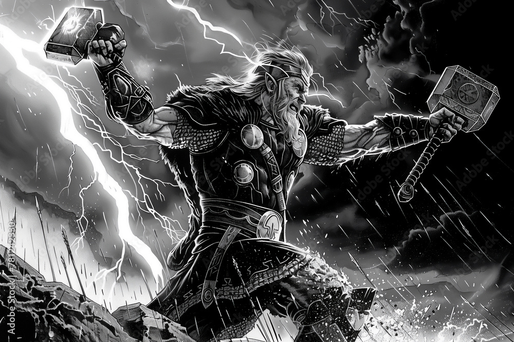 Simple Thor God Engraving of the Norse god Thor wielding a magical hammer called ...
