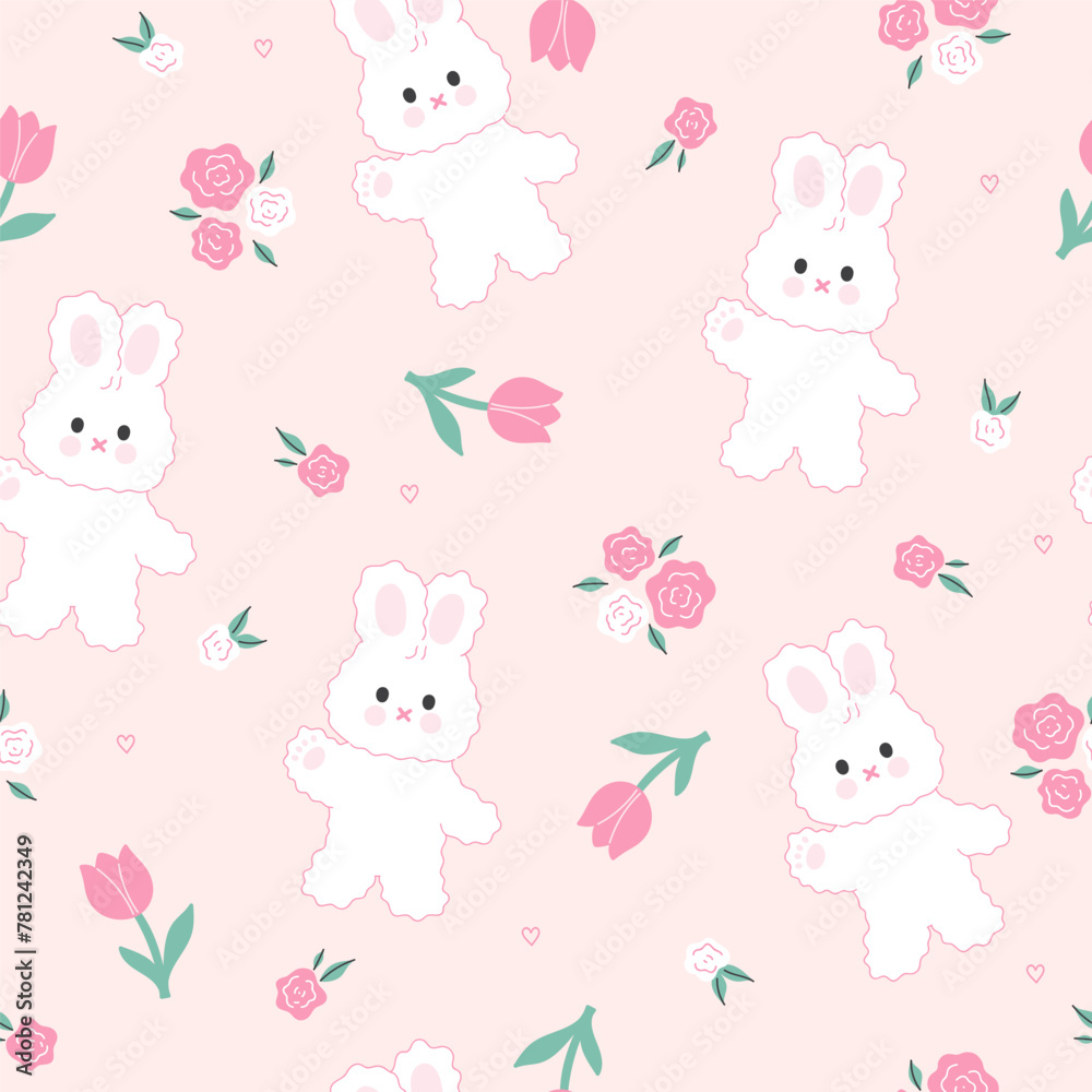 Seamless pattern with cute fluffy bunnies and flowers. Vector graphics